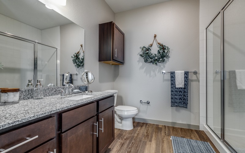 a bathroom with large vanity and a glass door shower