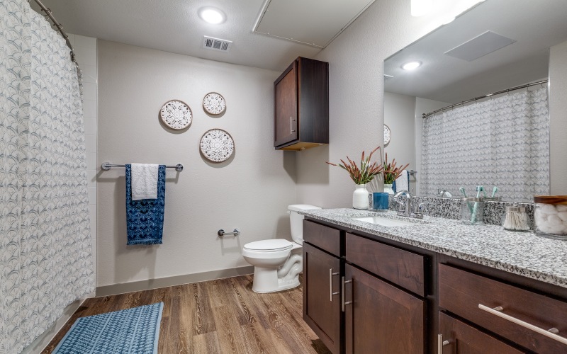 a bathroom with large vanity and a large soaking tub